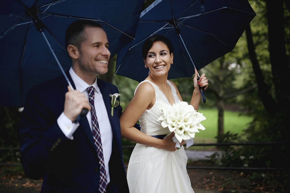 Bride and Groom portraits with umbrellas in Central Park